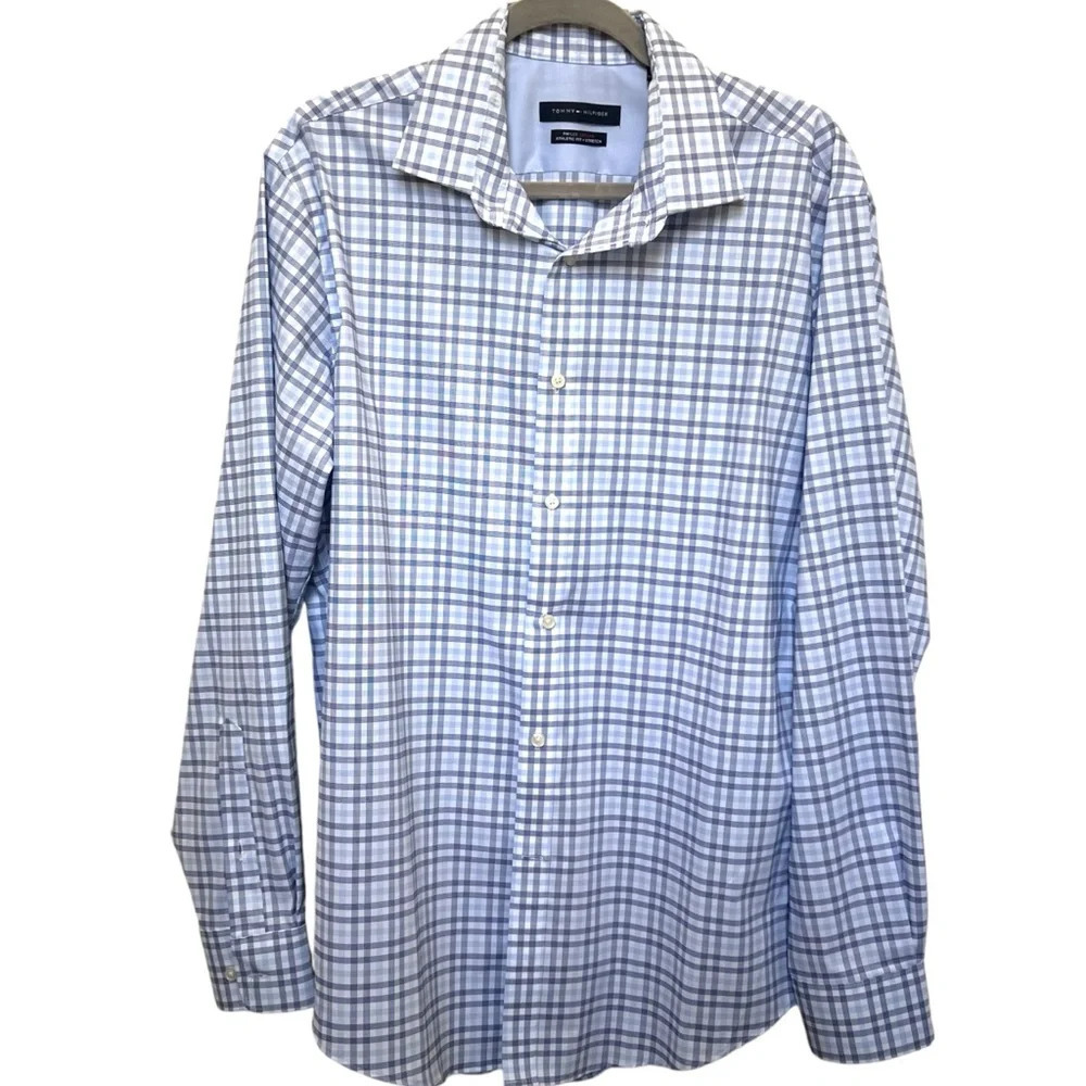 Tommy Hilfiger‎ Men’s THFlex Collar Athletic Fit Stretch Button Up Blue Large